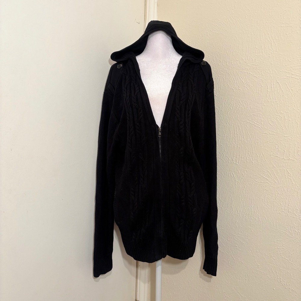 MG Black Label Womens Large Black Cable Knit Full Zip Hooded Sweater Cardigan